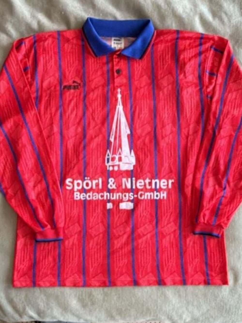 Puma TSV Bad Steben Football Soccer Jersey Long Sleeve Red Blue Striped Number 1